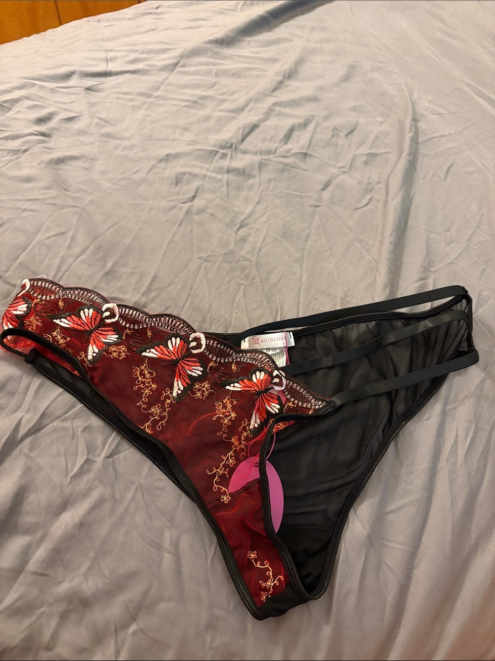 Embroidered Sheer Butterfly panties - Black & Red